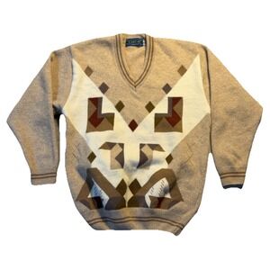 Vintage Cascay Lambswool Sweater Mens Size 40 Medium Brown Geometric V Neck Knit